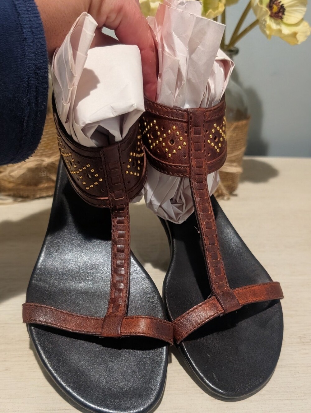Vintage Gucci New Brown Leather T-Strap Gladiator Sandals with Gold Stud Details